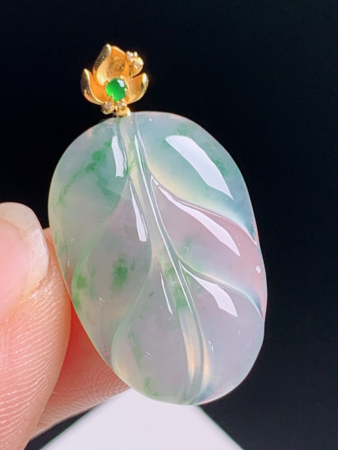 冰种飘花树叶吊坠，冰润通透飘花灵动，18K金镶阳绿顶珠寓意金枝玉叶 裸石24.6-14.7-5.5 整体31 530608