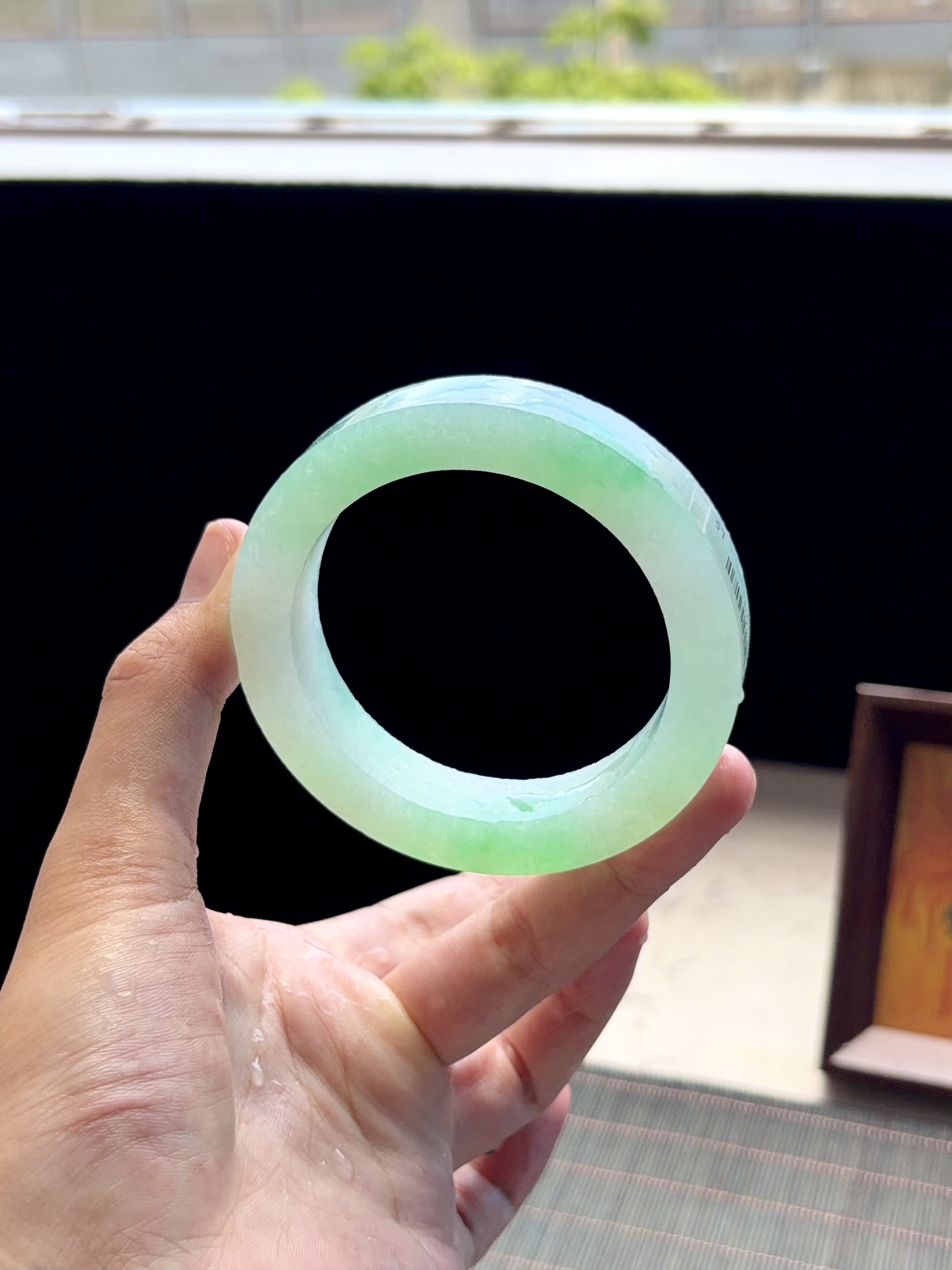 大圈口冰绿白底青黄加绿金丝绿镯胚 B0610-1 可做59～62正圈