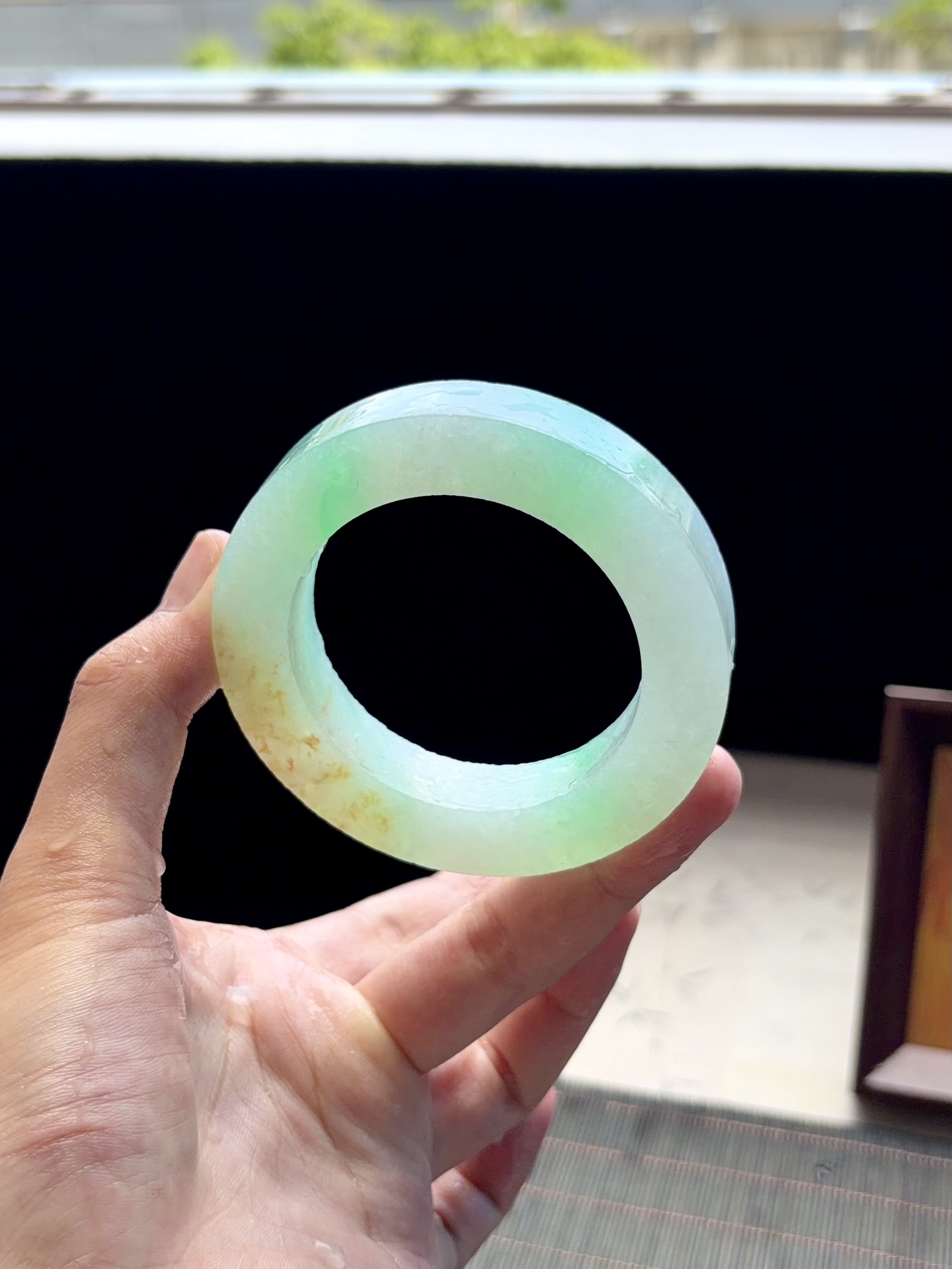 大圈口冰绿白底青黄加绿金丝绿镯胚 B0610-2 ⭕️77.2-53-13-12.2 可做53～61正圈
