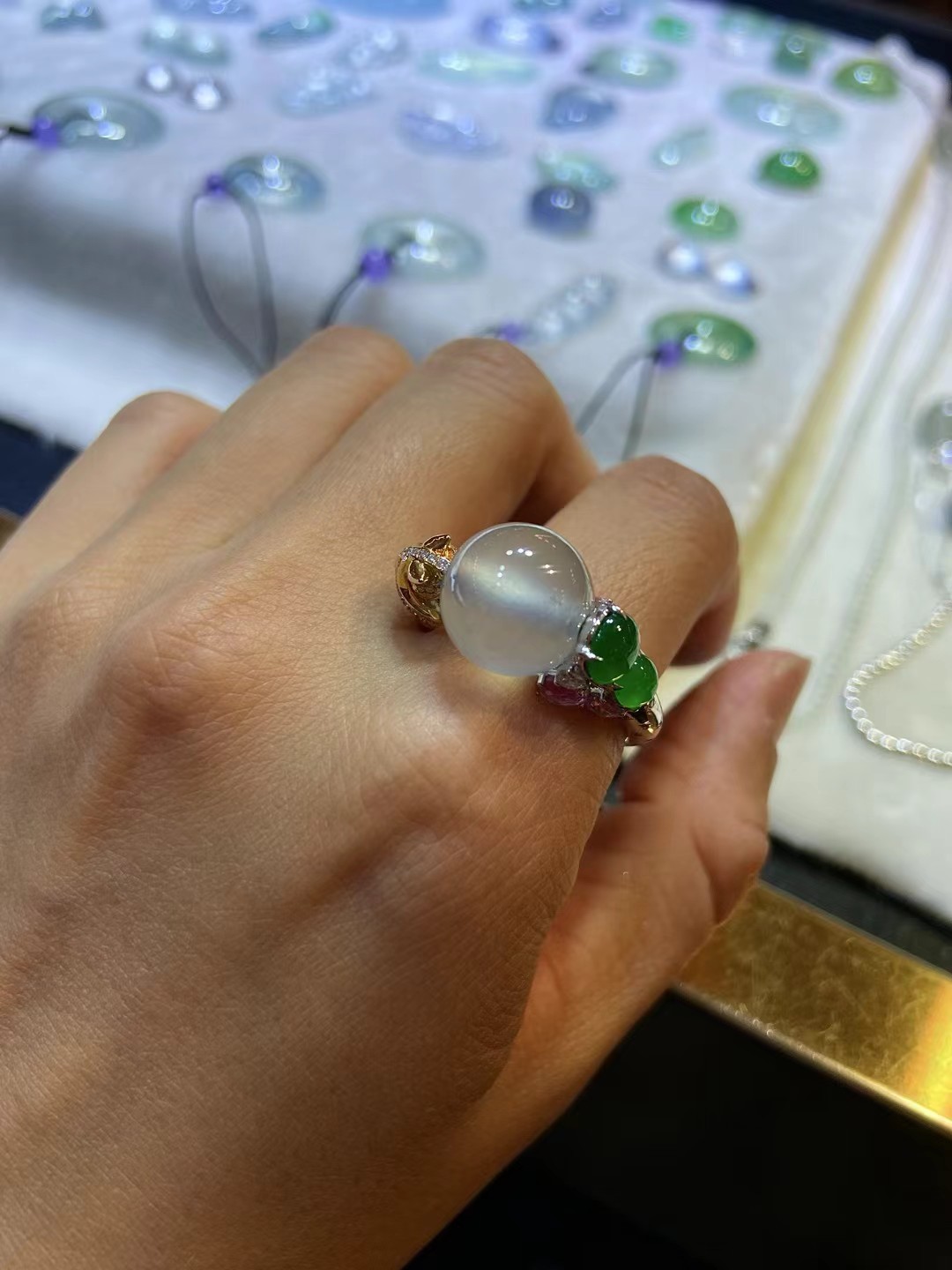 老坑冰种珠子戒指，完整冰透，起光，圈口18.5，裸石12.1