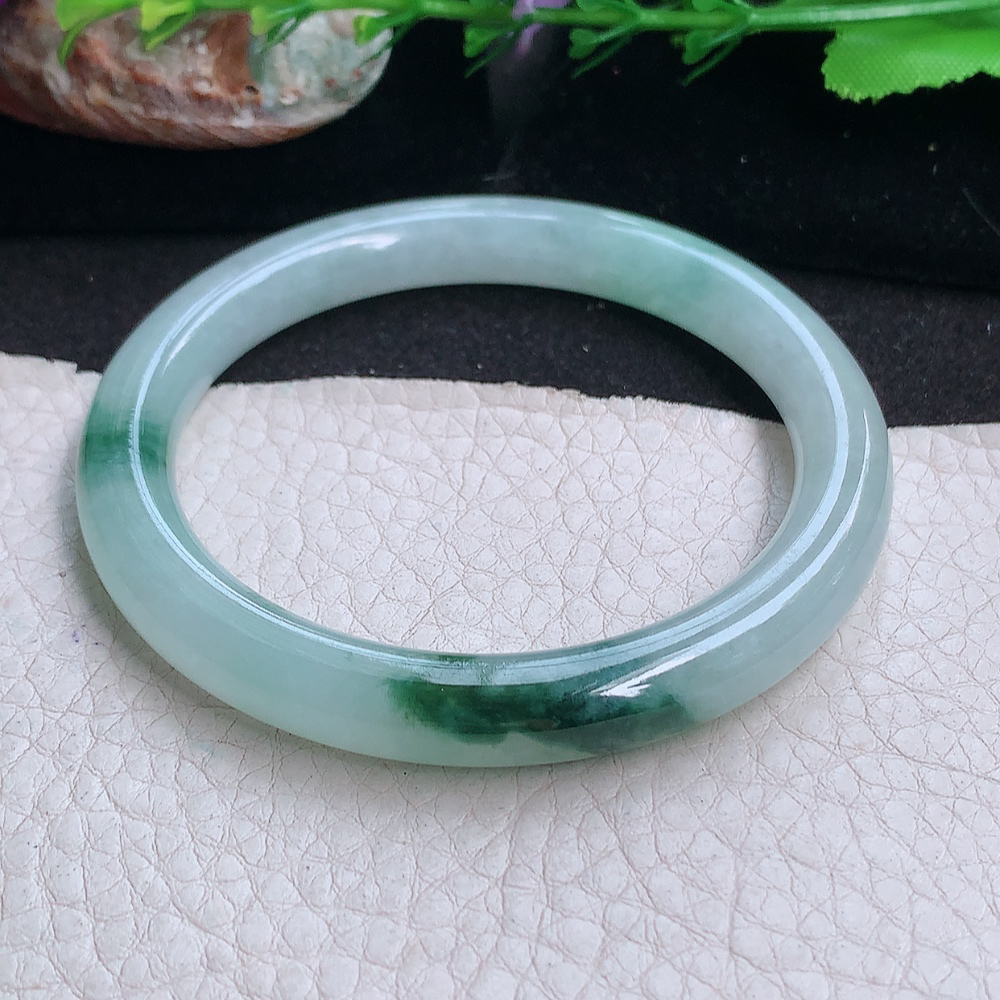 xh实拍54.5*8.3*8.5美人镯 缅甸翡翠a货玉手镯 冰飘花胶感圆条玉手环