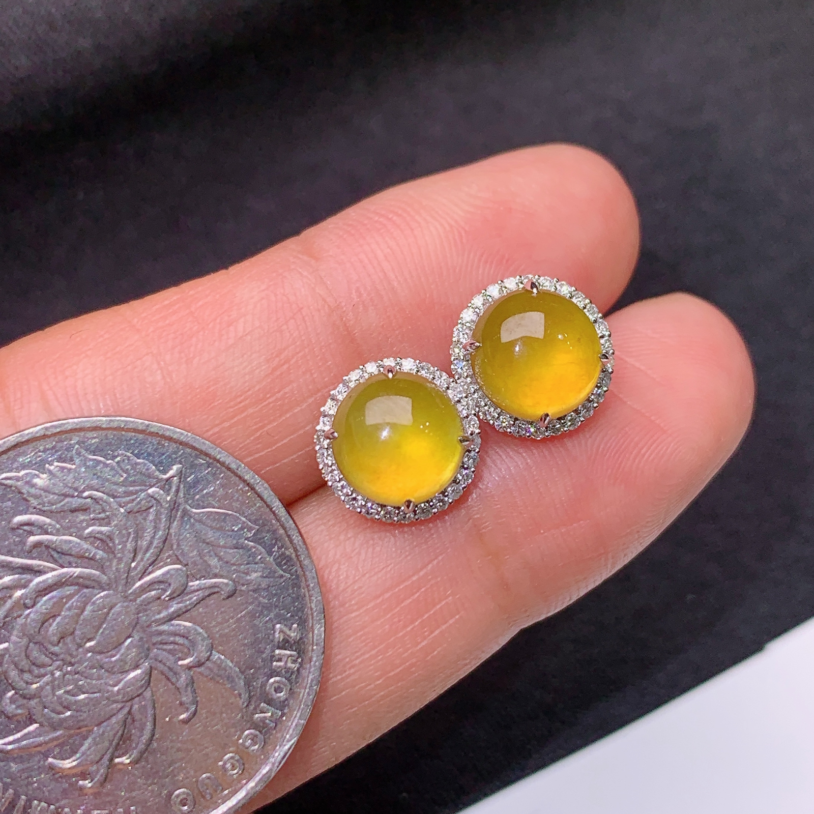 冰黄翡蛋面耳钉，18k金镶嵌，简约时尚，冰润鲜艳，种水足，尺寸7.6*7.3*3.3