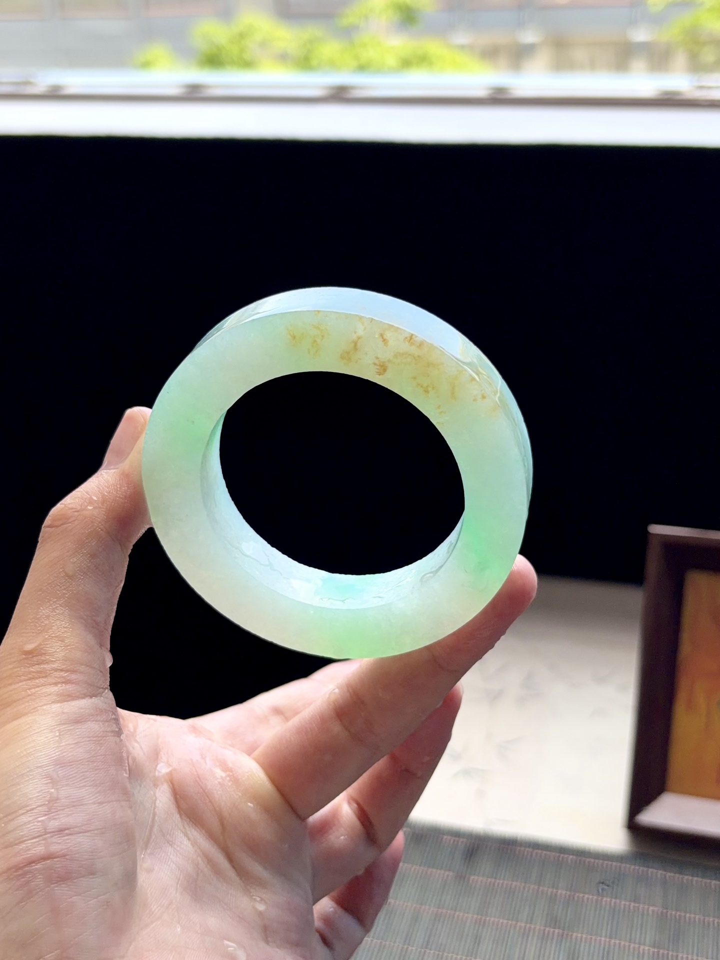 大圈口冰绿白底青黄加绿金丝绿镯胚 B0610-2 ⭕️77.2-53-13-12.2 可做53～61正圈