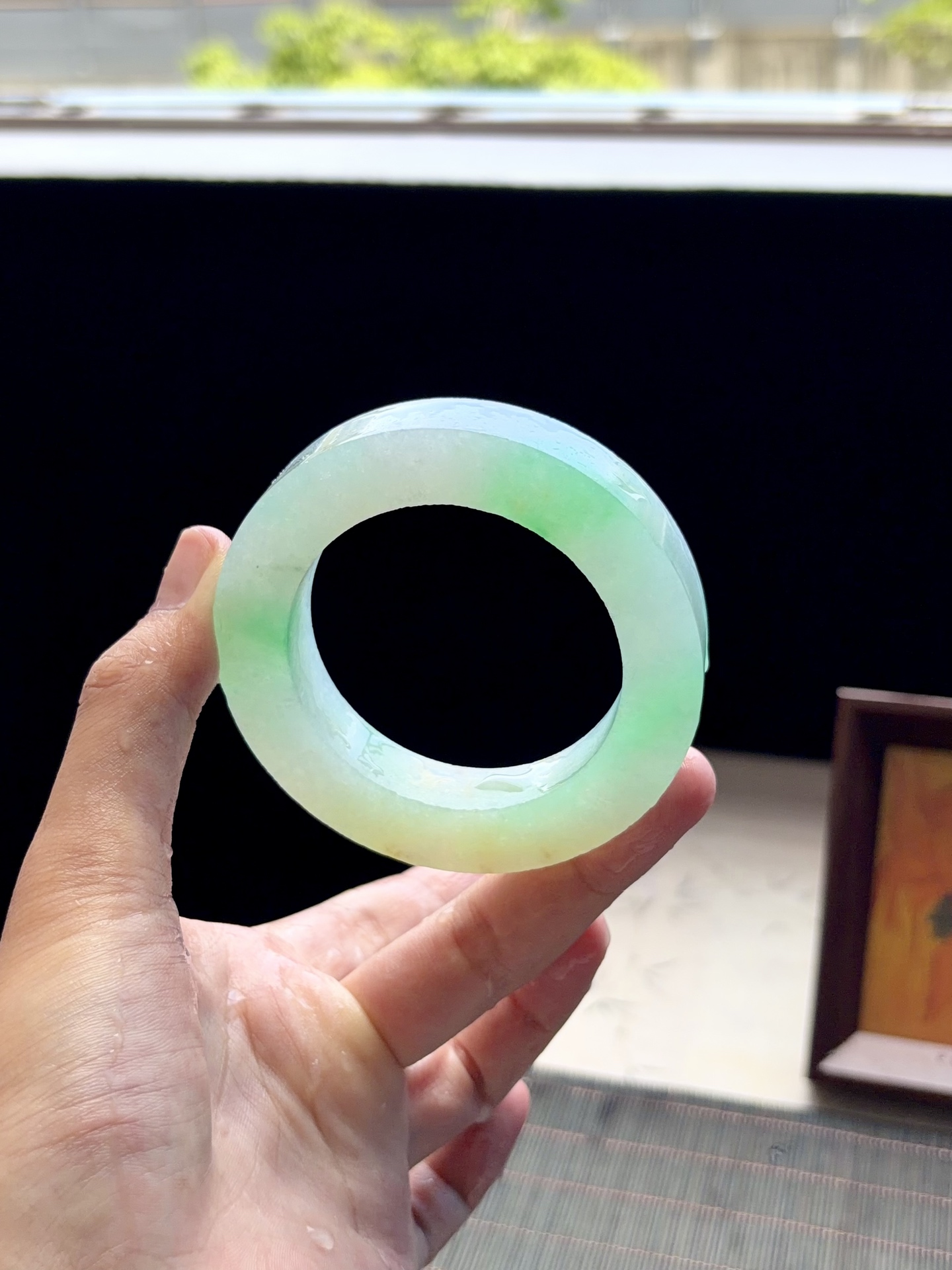 大圈口冰绿白底青黄加绿金丝绿镯胚 B0610-2 ⭕️77.2-53-13-12.2 可做53～61