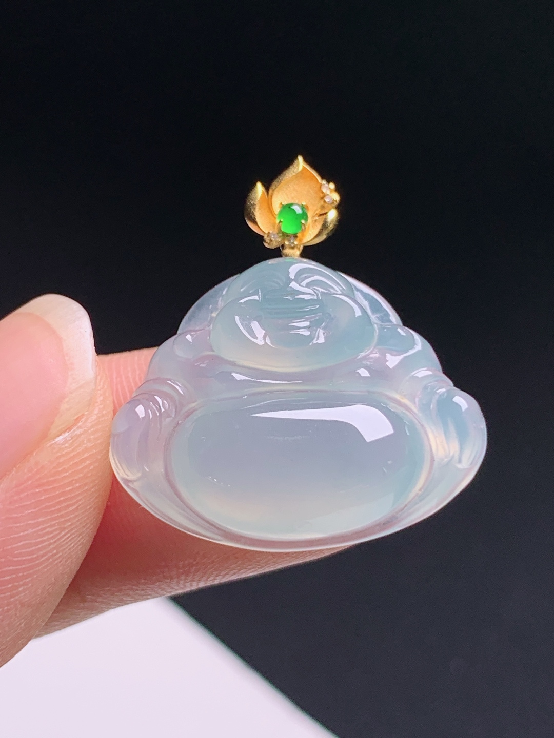 ️ 佛公吊坠，18K金镶阳绿莲花扣，冰润饱满笑口常开