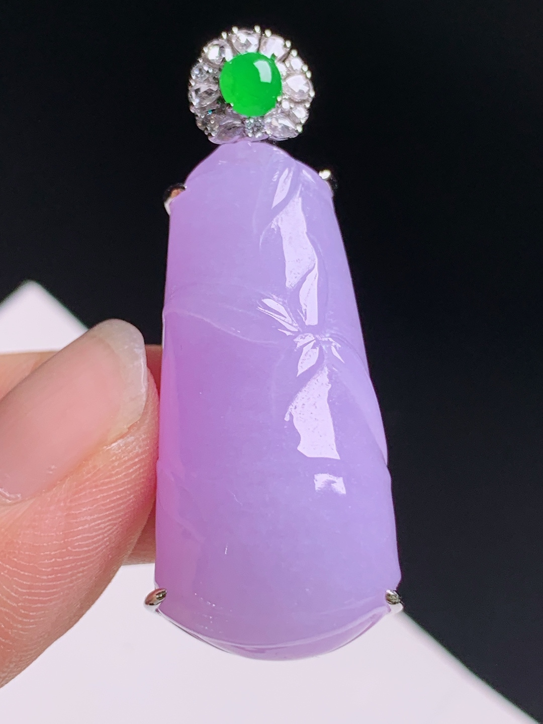 ️ 冰竹节吊坠，18K金镶钻阳绿蛋面，色紫浓郁节节高升