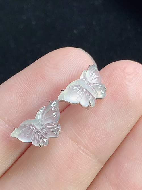 18k金镶冰种蝴蝶耳钉，无裂，裸石尺寸7.2-12.2-2.5mm，L12sag
