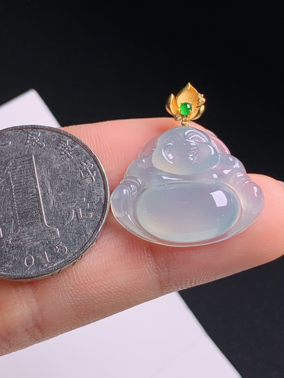 ️ 佛公吊坠，18K金镶阳绿莲花扣，冰润饱满笑口常开