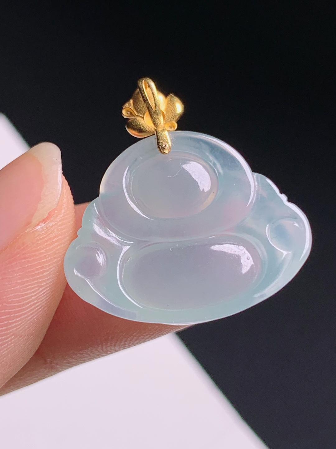 ️ 佛公吊坠，18K金镶阳绿莲花扣，冰润饱满笑口常开
