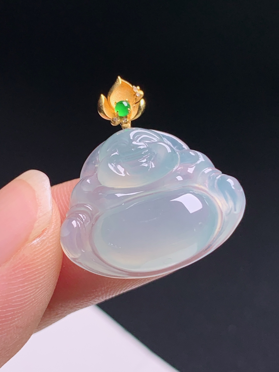 ️ 佛公吊坠，18K金镶阳绿莲花扣，冰润饱满笑口常开