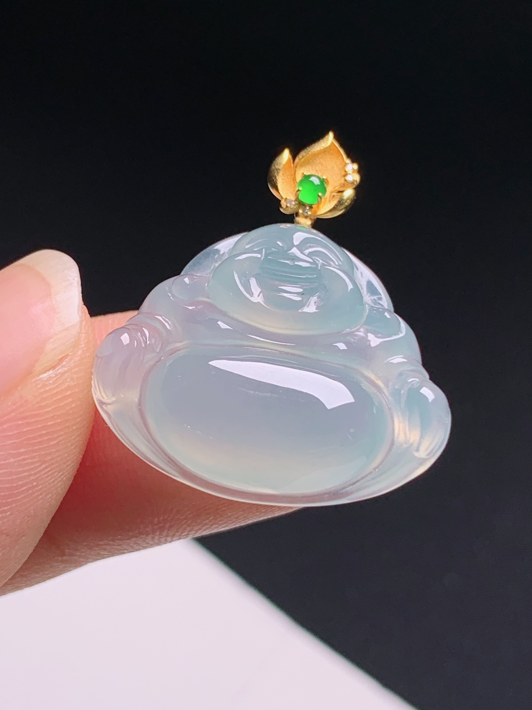 ️ 佛公吊坠，18K金镶阳绿莲花扣，冰润饱满笑口常开