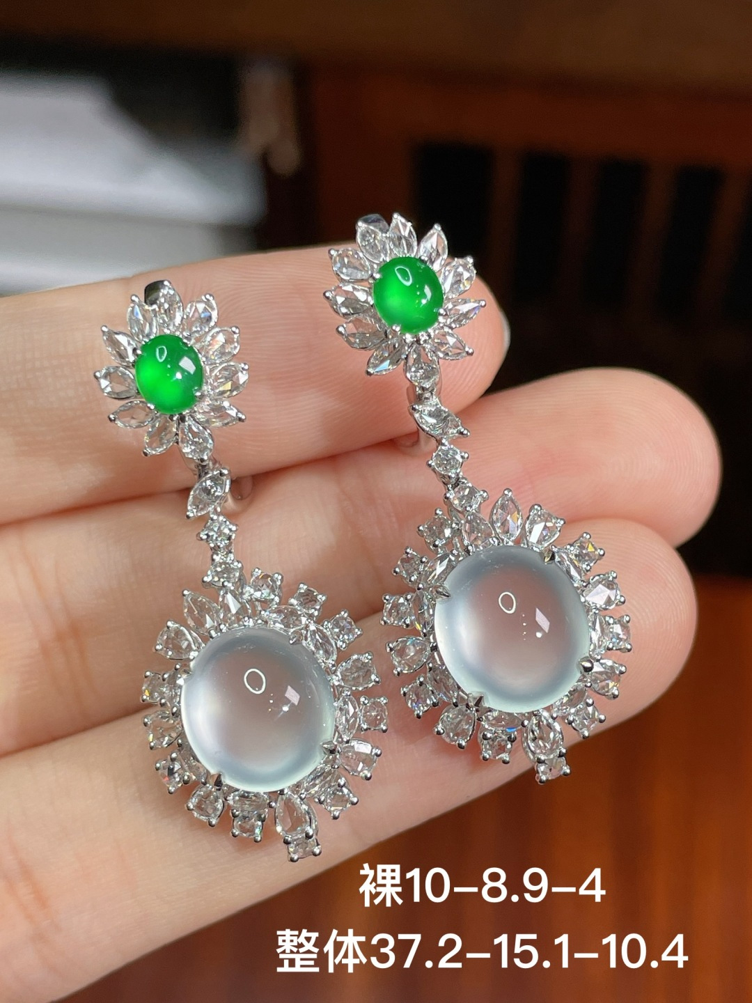 高冰蛋面耳坠，无裂，18k金镶嵌，强烈推荐，10-8.9-4