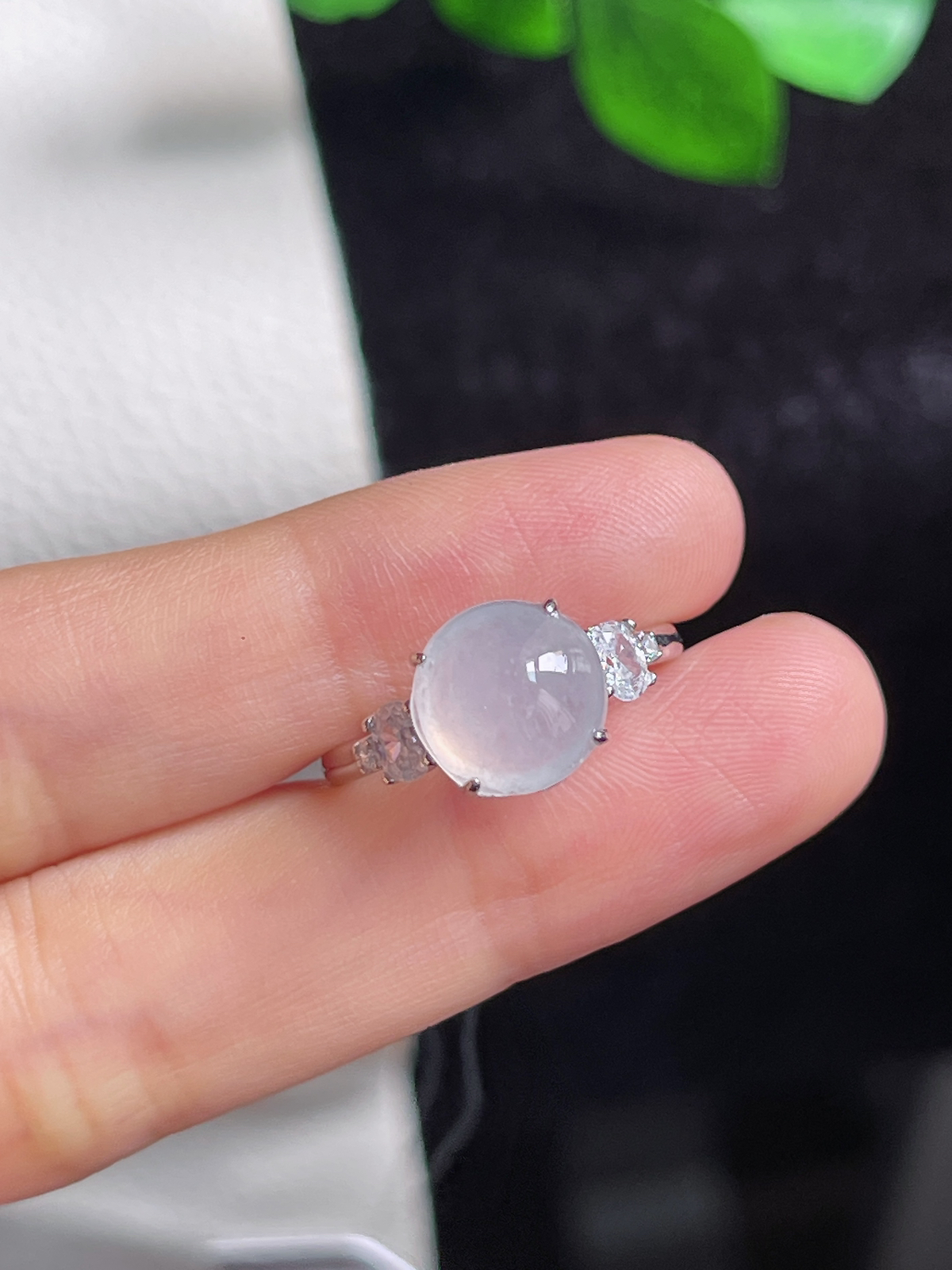 翡翠白冰戒指，印记：S925