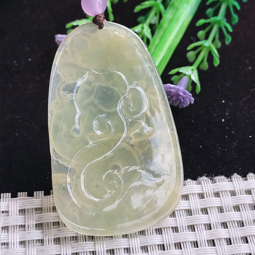 实拍A货翡翠52.8/33.3/4老坑冰种冰黄翡龙牌吊坠翡翠玉牌