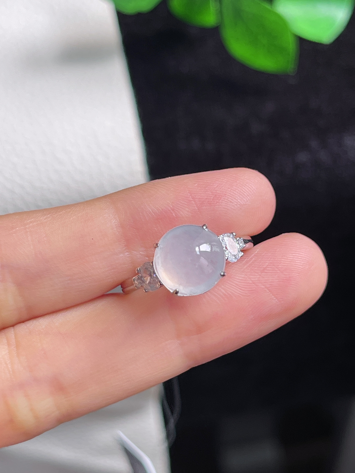 翡翠白冰戒指，印记：S925