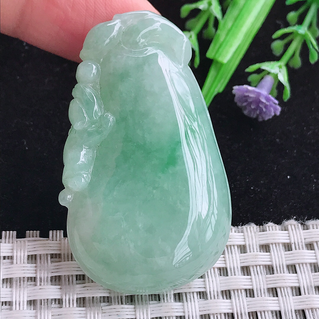 实拍A货翡翠53.8/34.8/14.7老坑冰润冰晴绿福瓜吊坠翡翠玉牌挂件