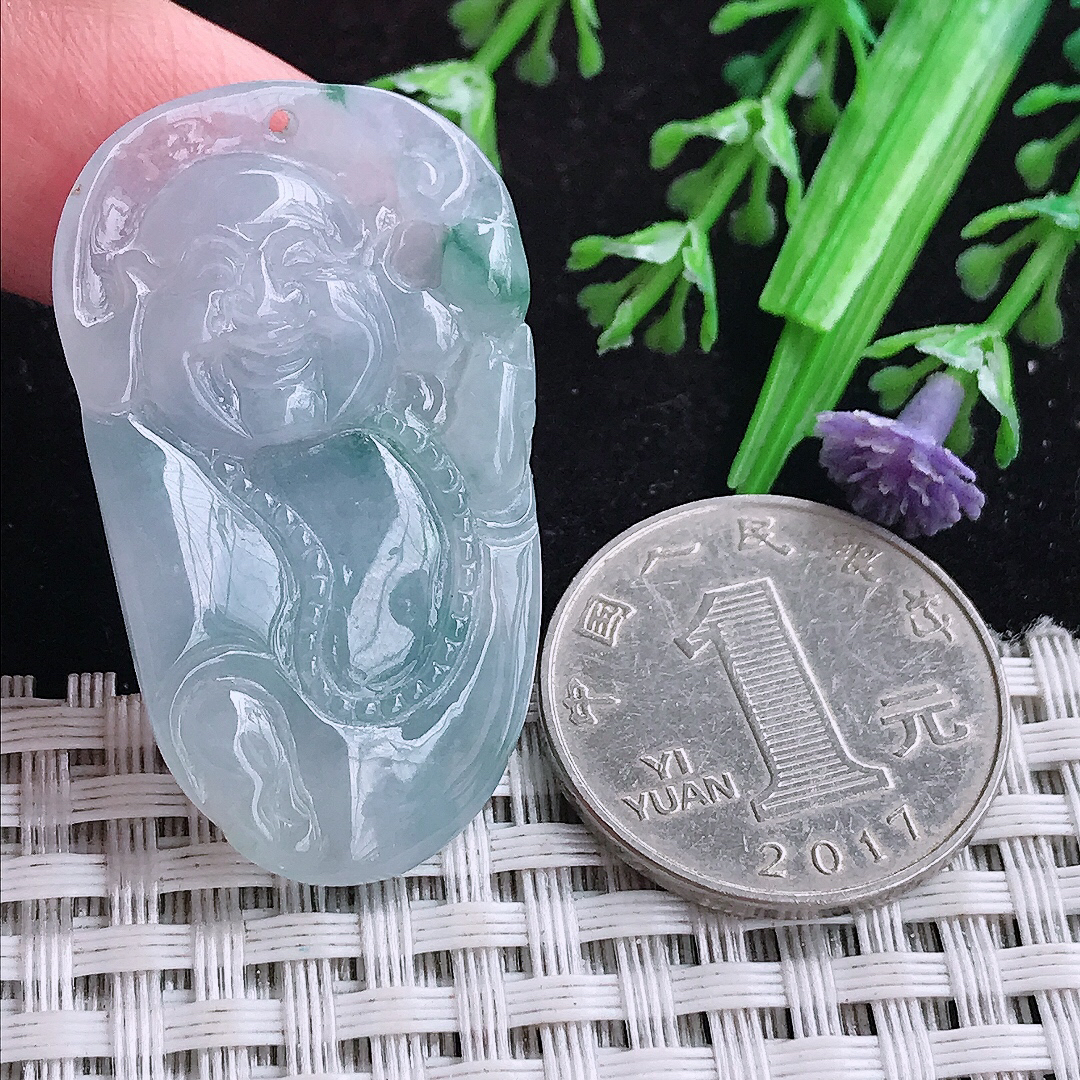 实拍A货翡翠45/28.8/11.6老坑冰胶紫罗兰佛公吊坠翡翠玉佛挂件