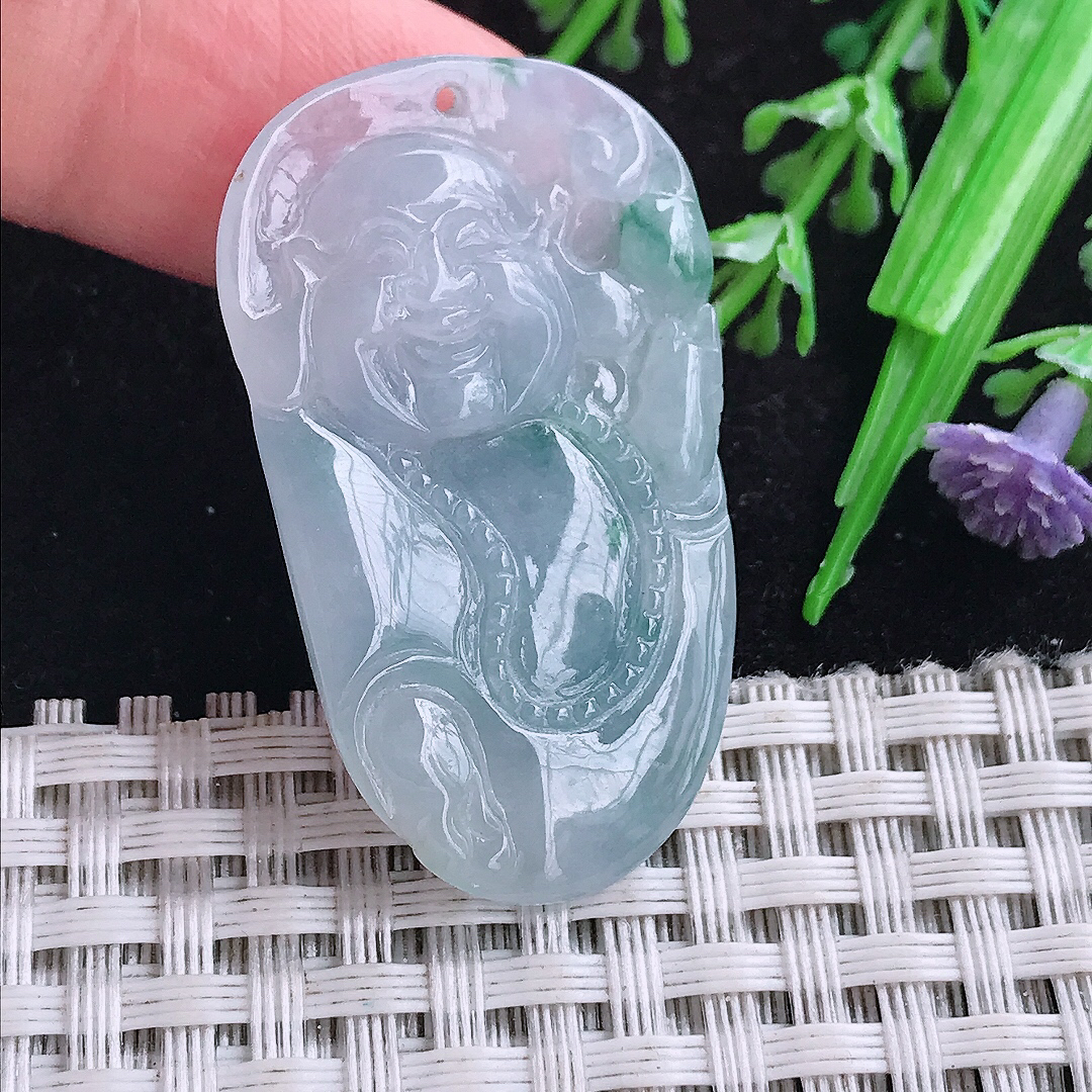 实拍A货翡翠45/28.8/11.6老坑冰胶紫罗兰佛公吊坠翡翠玉佛挂件