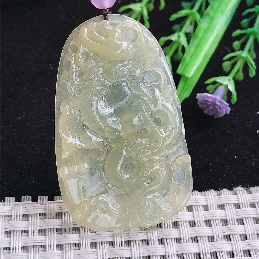实拍A货翡翠52.8/33.3/4老坑冰种冰黄翡龙牌吊坠翡翠玉牌