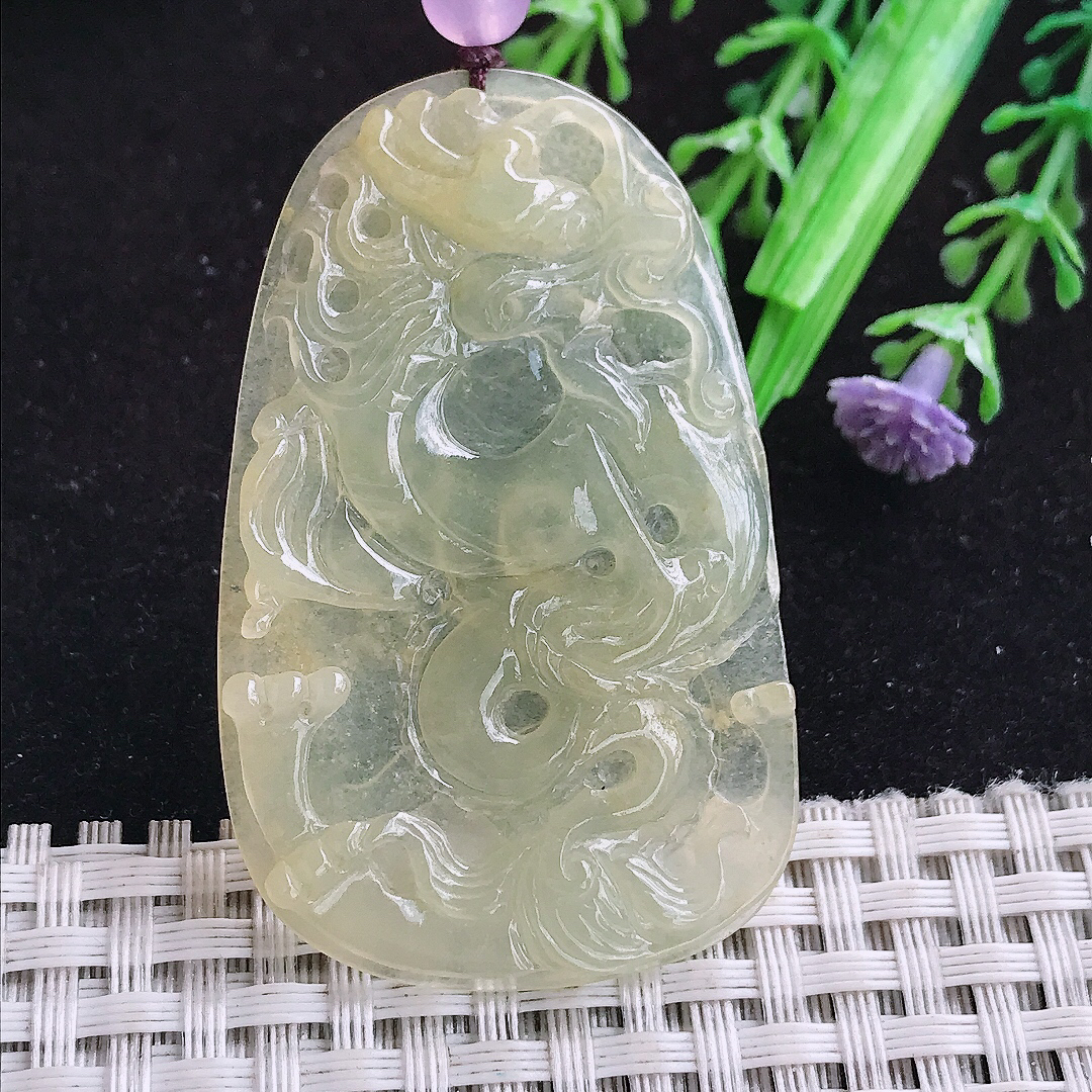 实拍A货翡翠52.8/33.3/4老坑冰种冰黄翡龙牌吊坠翡翠玉牌