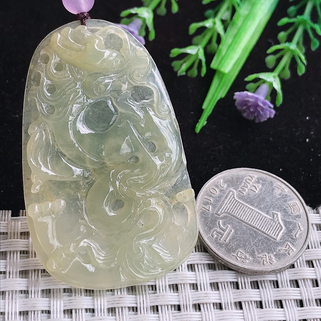 实拍A货翡翠52.8/33.3/4老坑冰种冰黄翡龙牌吊坠翡翠玉牌
