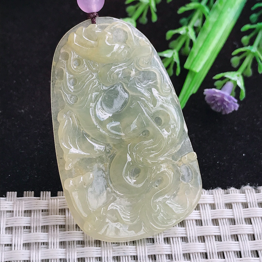 实拍A货翡翠52.8/33.3/4老坑冰种冰黄翡龙牌吊坠翡翠玉牌