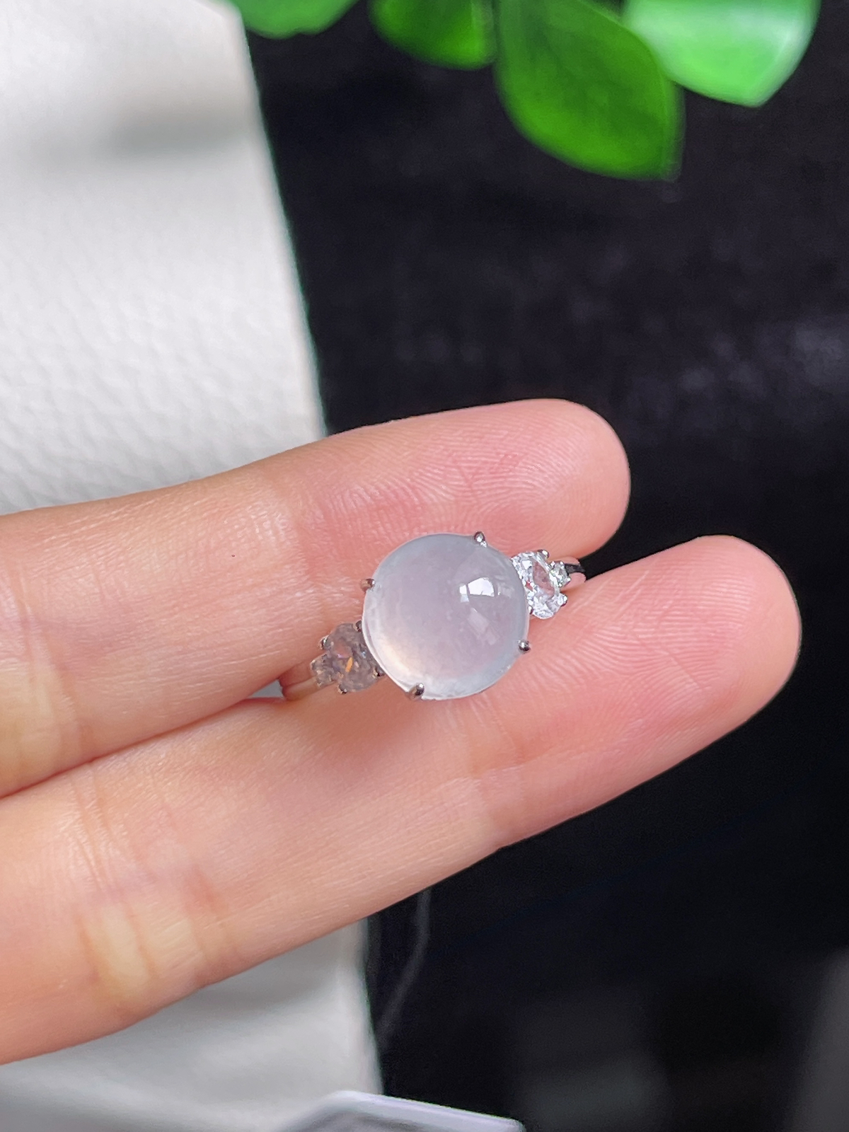 翡翠白冰戒指，印记：S925