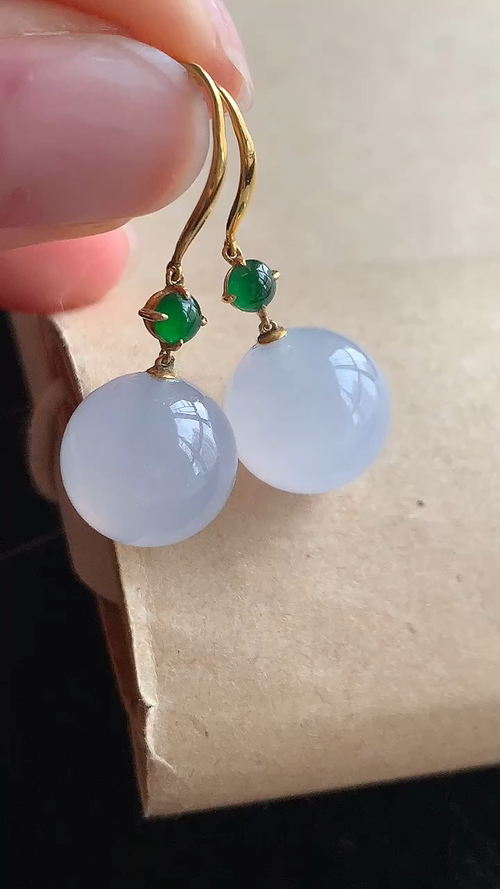 天然翡翠，冰透珠耳坠，18k金 尺寸12 bc614