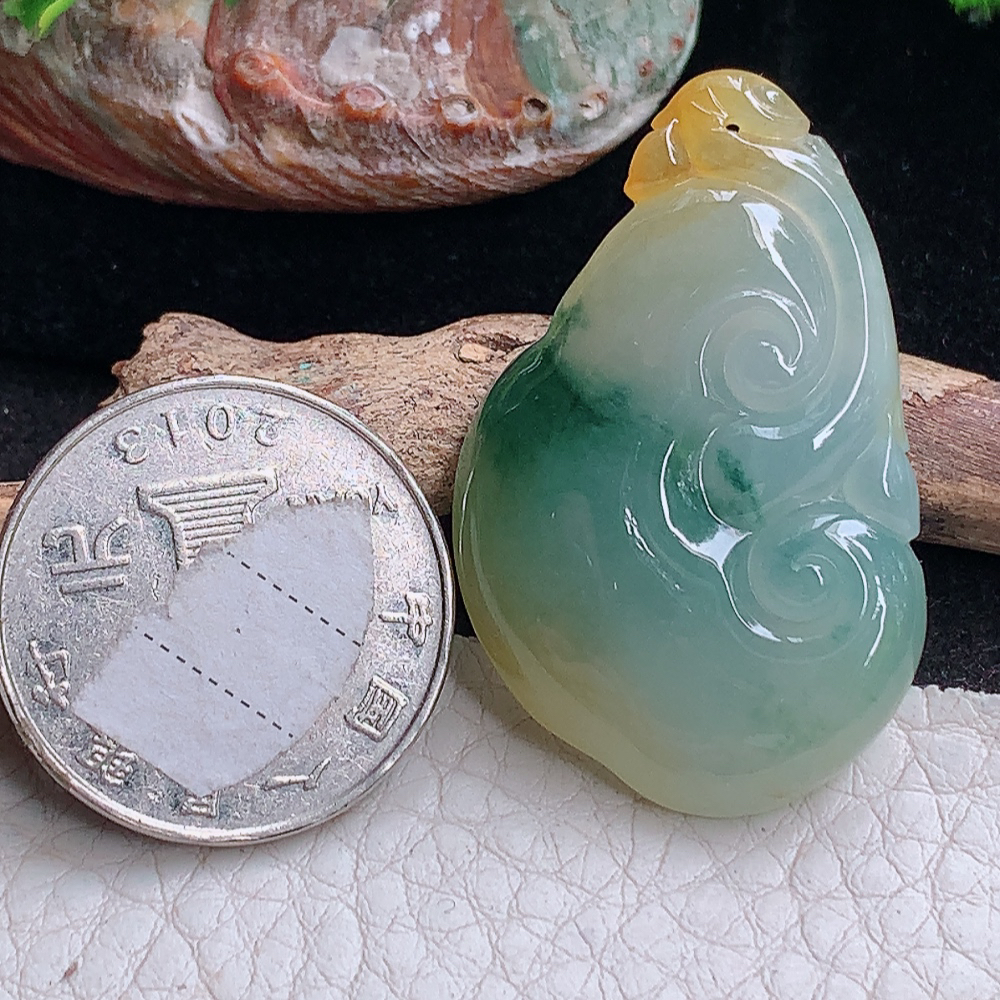 ktj实拍40.2*25*5.5缅甸翡翠冰三彩如意 玉如意玉吊坠 玉吊坠