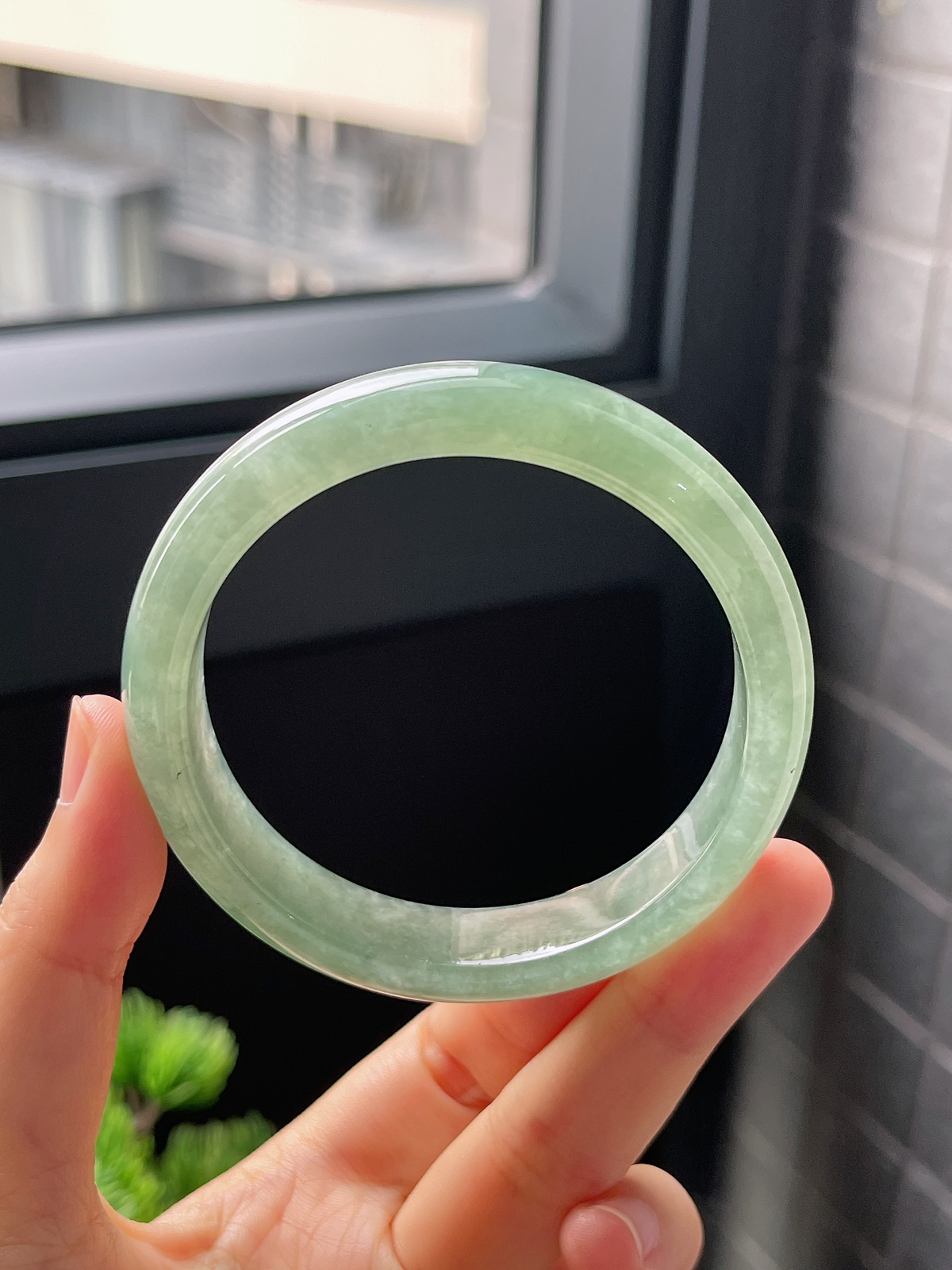 圈口56.5，冰糯灰绿翡翠正圈手镯