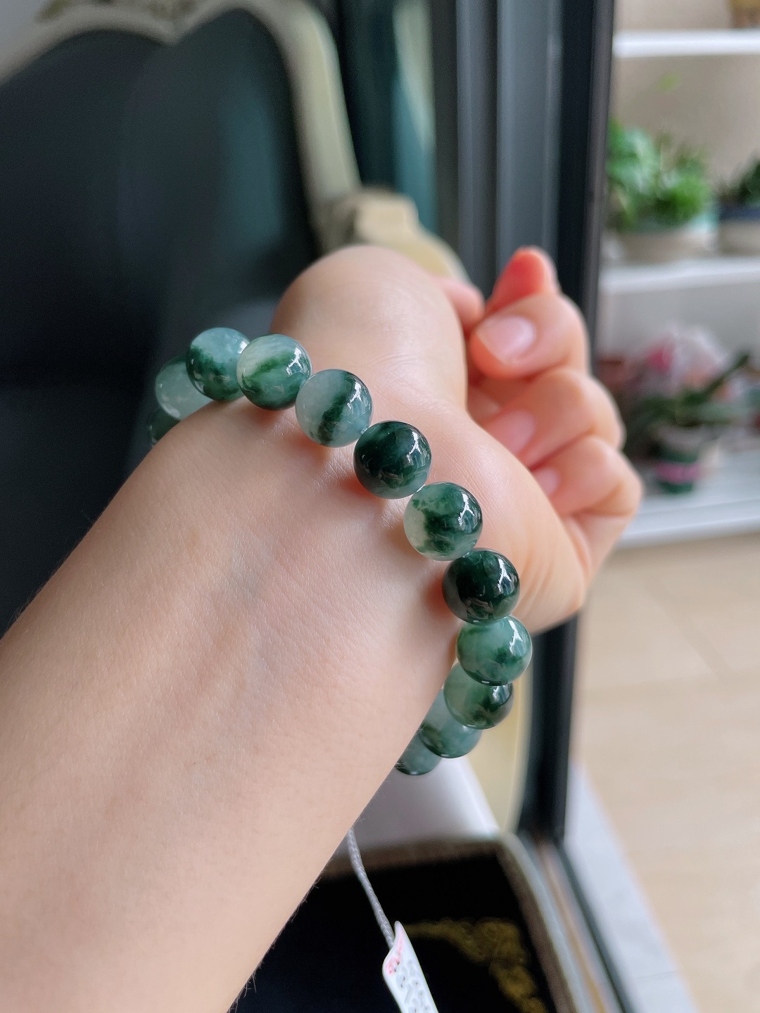 缅甸天然翡翠A货，冰飘花手串，尺寸：10mm。【编4264】