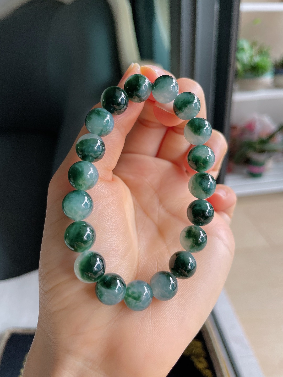 缅甸天然翡翠A货，冰飘花手串，尺寸：10mm。【编4264】