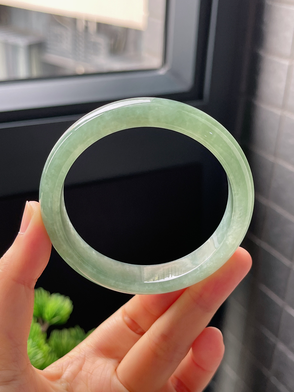 圈口56.5，冰糯灰绿翡翠正圈手镯