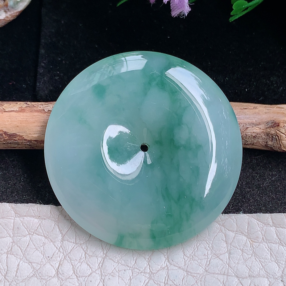 Lz实拍35*6.3mm缅甸翡翠冰飘花大平安扣 玉扣吊坠 玉挂件