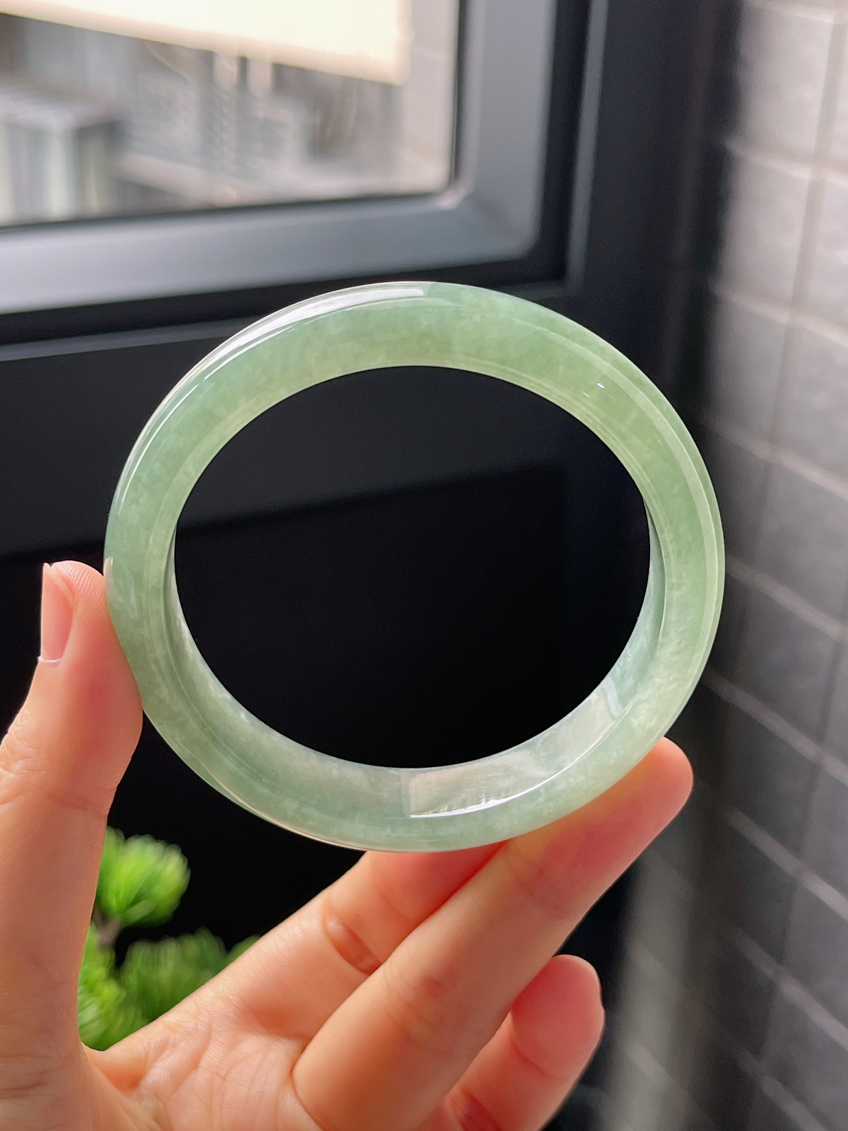 圈口56.5，冰糯灰绿翡翠正圈手镯
