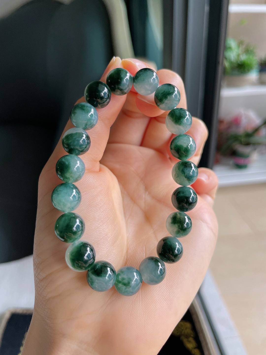 缅甸天然翡翠A货，冰飘花手串，尺寸：10mm。【编4264】