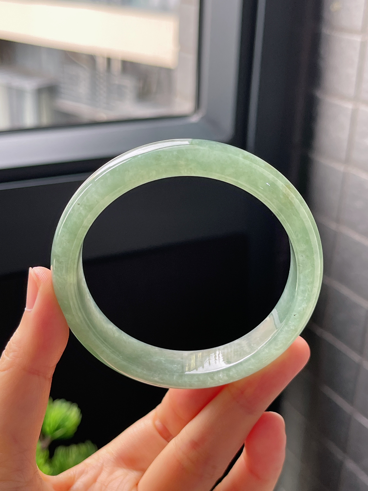 圈口56.5，冰糯灰绿翡翠正圈手镯