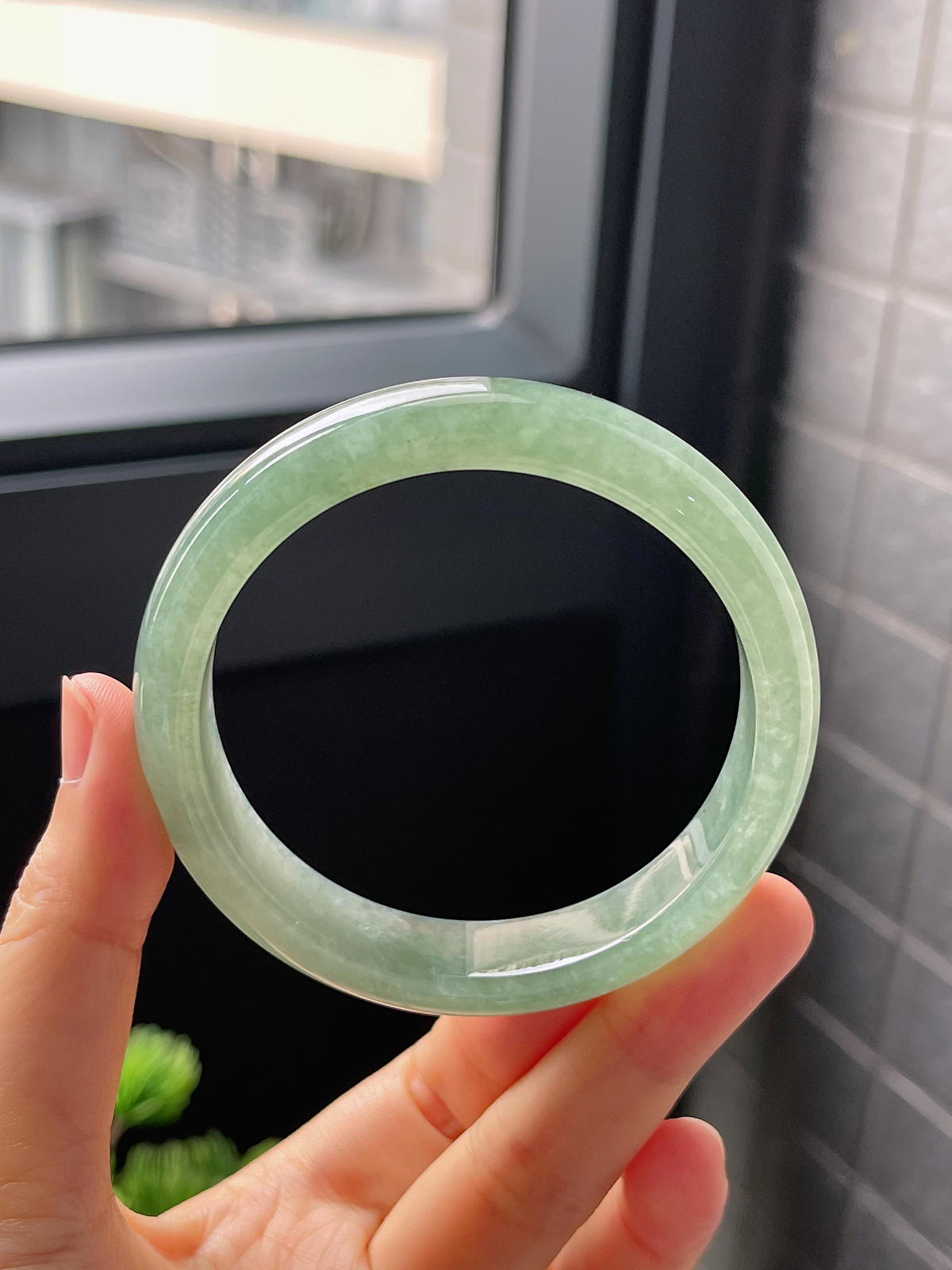圈口56.5，冰糯灰绿翡翠正圈手镯