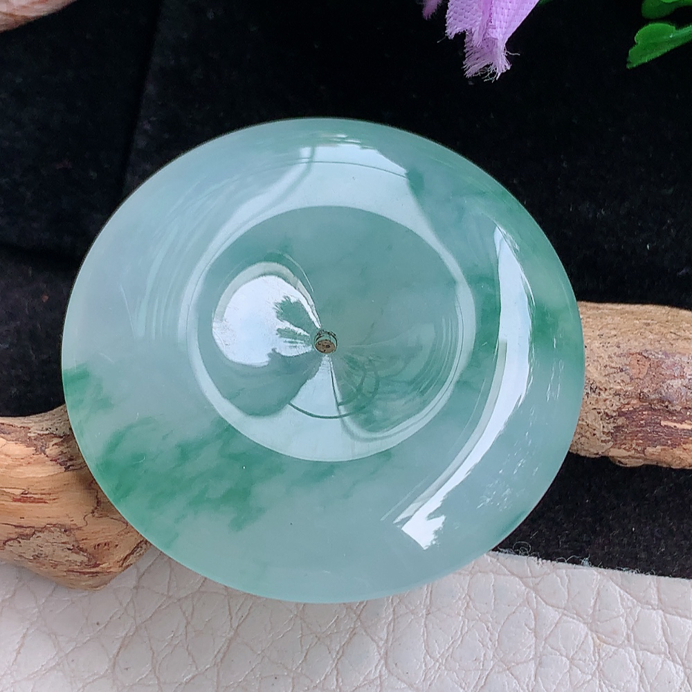 Lz实拍35*6.3mm缅甸翡翠冰飘花大平安扣 玉扣吊坠 玉挂件