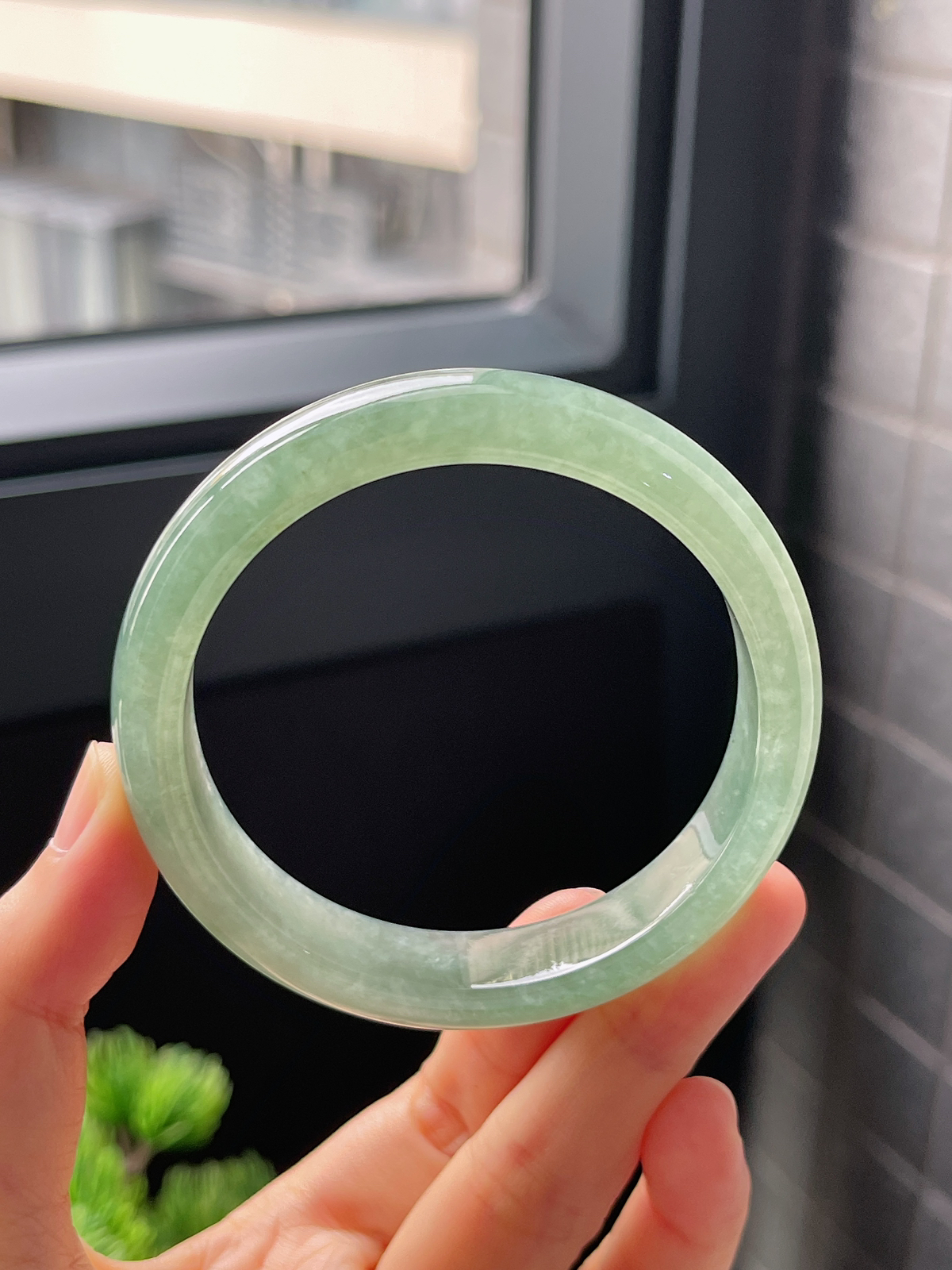 圈口56.5，冰糯灰绿翡翠正圈手镯
