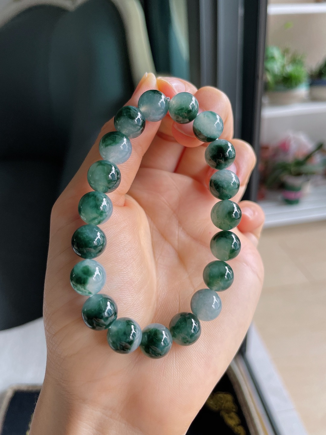 缅甸天然翡翠A货，冰飘花手串，尺寸：10mm。【编4264】
