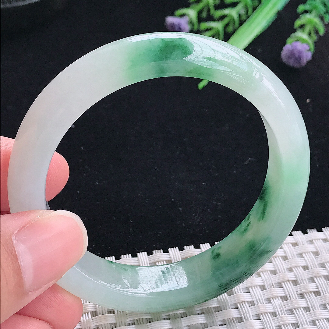 实拍A货翡翠51.5/12.6/7.6小圈口老坑冰润飘花手镯平安镯翡翠玉镯美人镯