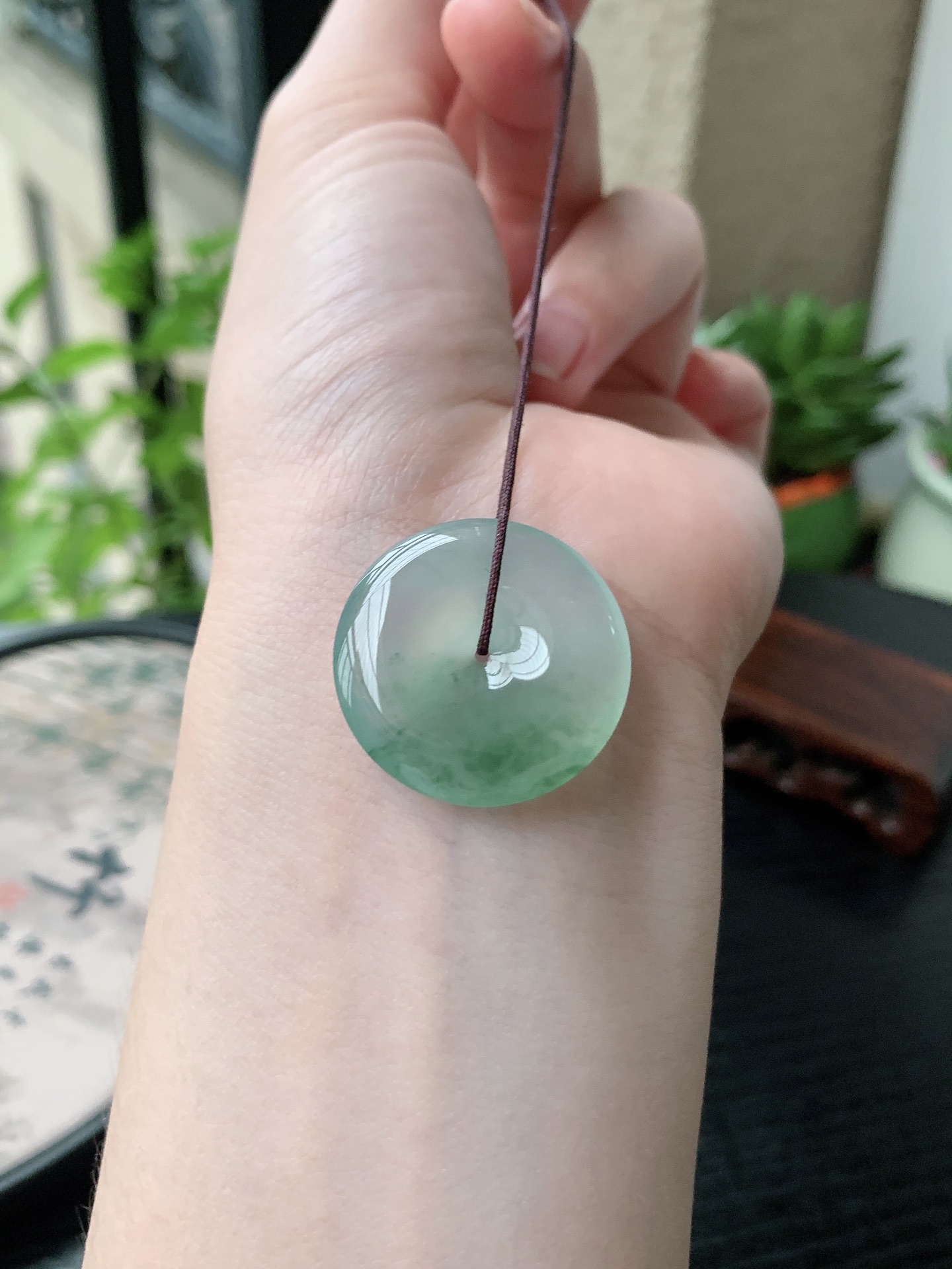 老坑冰种胶感飘蓝花平安扣吊坠 裸石尺寸:26.5-4.7mm