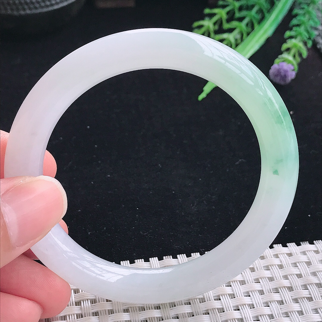 实拍A货翡翠55/9.1/9.2老坑冰润起胶冰飘花圆条手镯平安镯翡翠玉镯美人镯