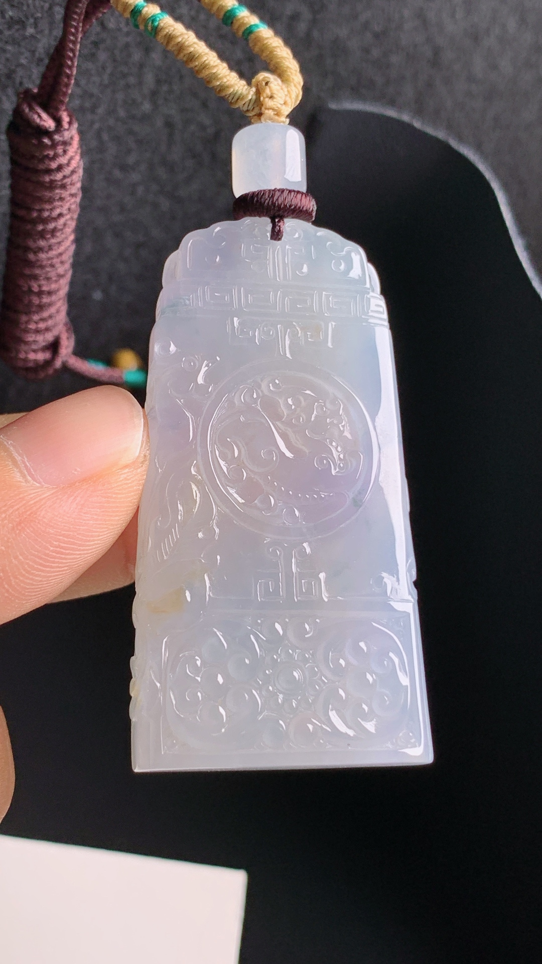冰种仿古龙凤玉牌，复古回纹精工细琢，素雅清透温润雅致，男女皆可佩戴 裸石50.3-26.2-6.3 