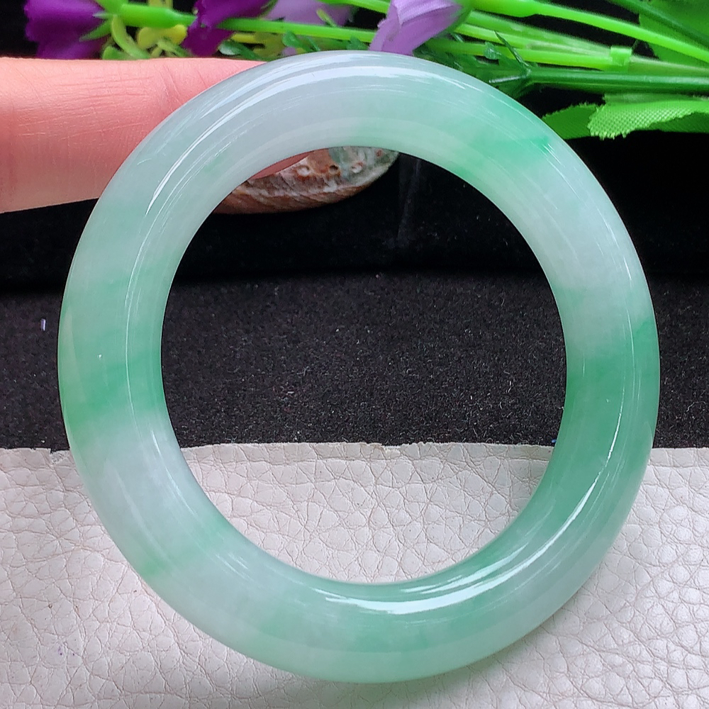 yh收藏级54*11.8胖圆镯 缅甸翡翠a货玉手镯 冰飘绿花圆条玉手环