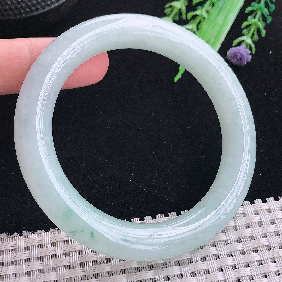 实拍A货翡翠56.5/10.8/10.6老坑冰润起胶飘花圆条手镯平安镯翡翠玉镯美人镯