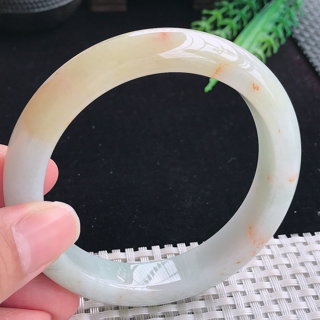 实拍A货翡翠60.5/13.2/9.2大圈口老坑精美洒金黄翡手镯平安镯翡翠玉镯