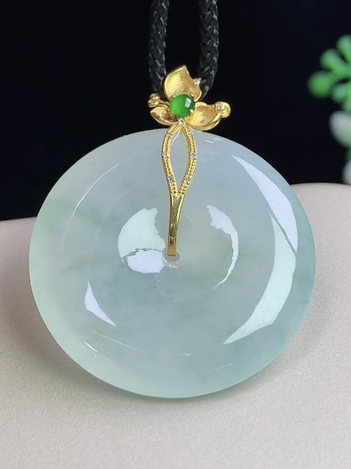 18k金镶冰飘花平安扣，无裂，尺寸27.6*5.3mm，L16tgj