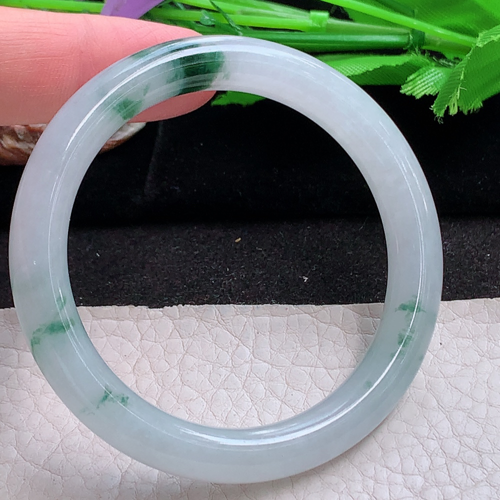 xh小圈口50.5*8.5*8.2叮当镯 缅甸翡翠a货玉手镯 冰飘花圆条玉手环 美人镯